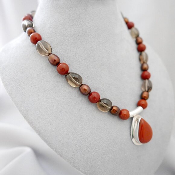 Pendant Necklace: Orange Jasper, Smoky Quartz, Bronze Pearl, Sterling Silver - Picture 3 of 4
